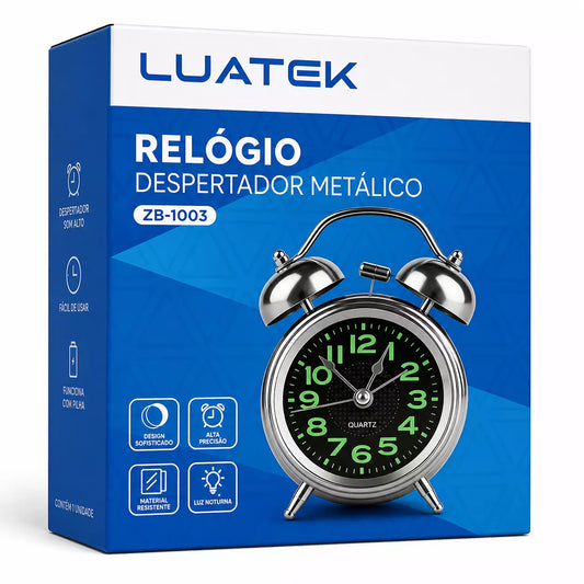 RELOGIO DESPERTADOR METALICO ANALOGICO LUZ NOTURNA LUATEK ZB 1003