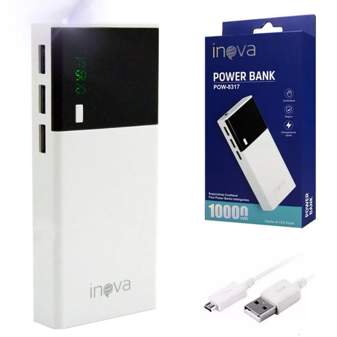 Power Bank Portátil 10000 mAh 3 Portas Usb Visor de Led Inova - POW-8317