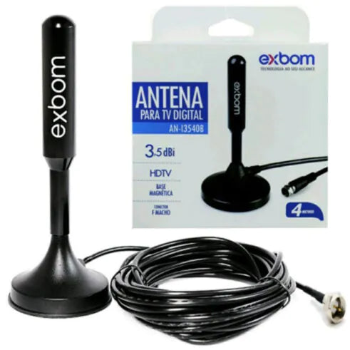 Antena Digital HDTV UHF VHF Interna e Externa Base Imã Prova D'água Exbom - AN-I3540B