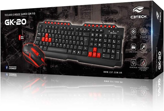 Kit Teclado e Mouse Gamer C3Tech GK-20, USB, ABNT2, 1200DPI, Preto e Vermelho - GK20