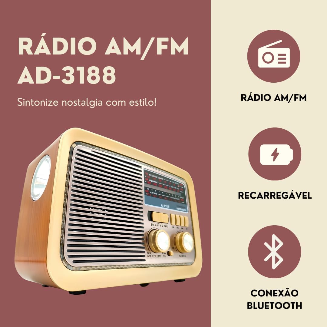 Rádio Am Fm Antigo Retrô Usb Bluetooth Recarregável 110/220 AD 3188