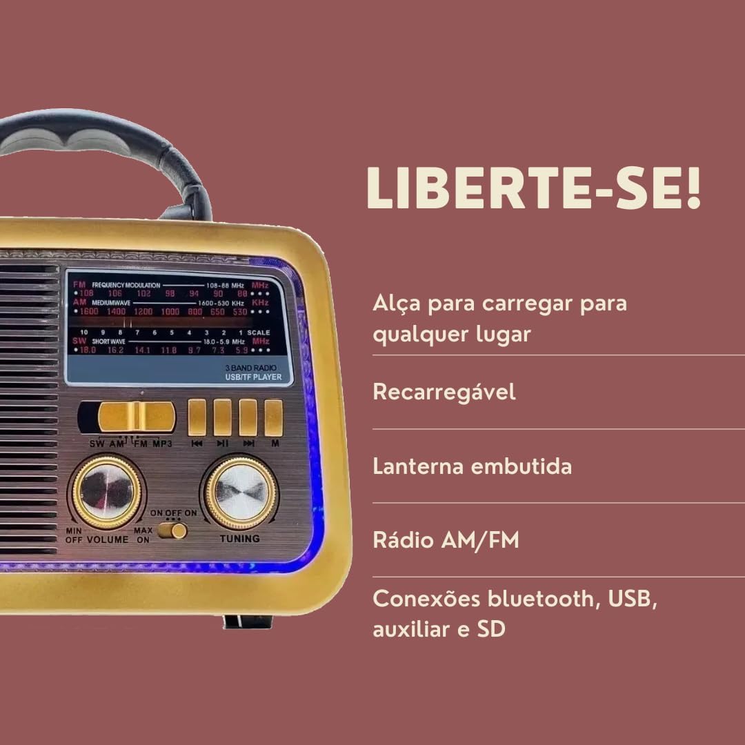 Rádio Am Fm Antigo Retrô Usb Bluetooth Recarregável 110/220 AD 3188