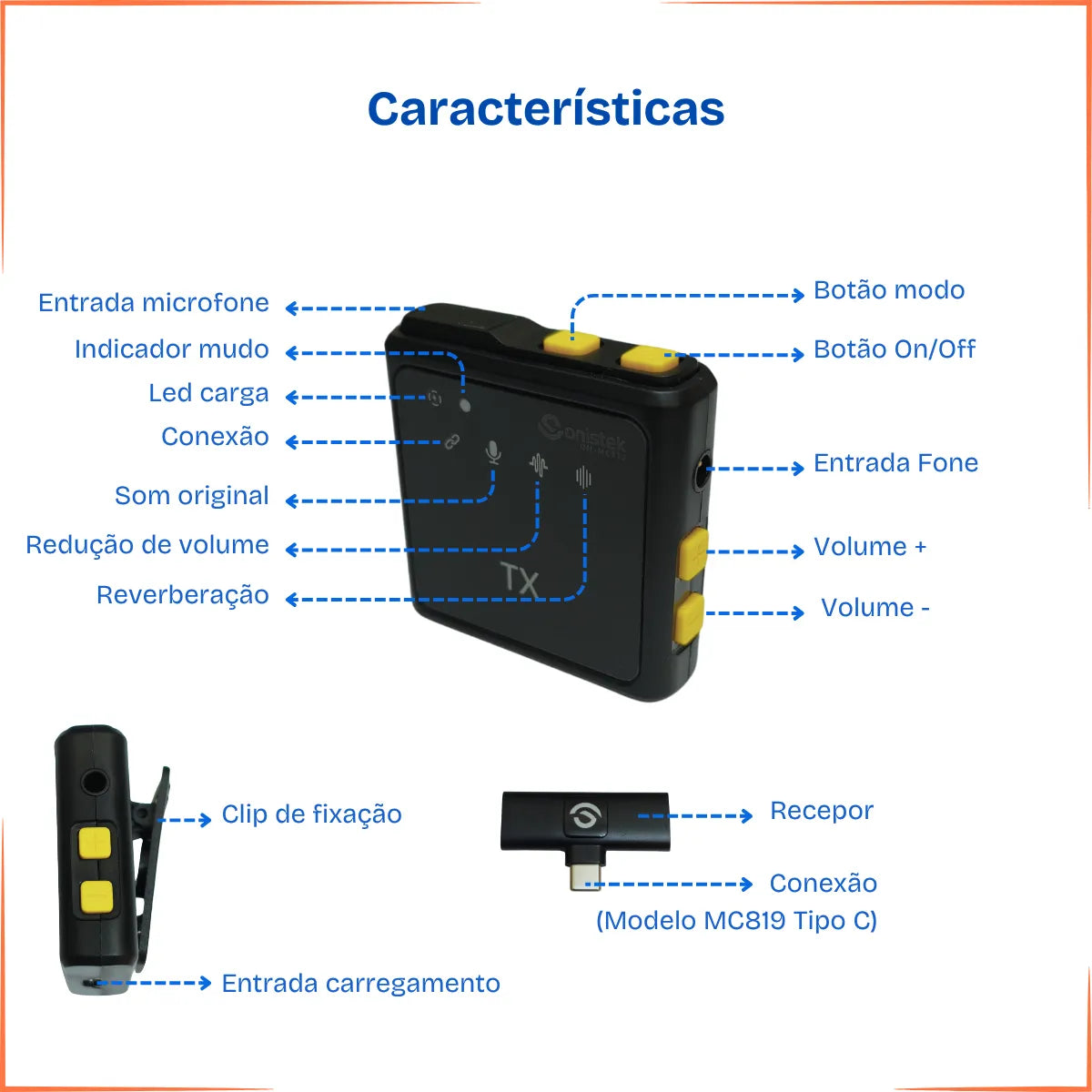 Kit 2 Microfone Lapela Duplo Onistek Mc819 Tipo C 25m