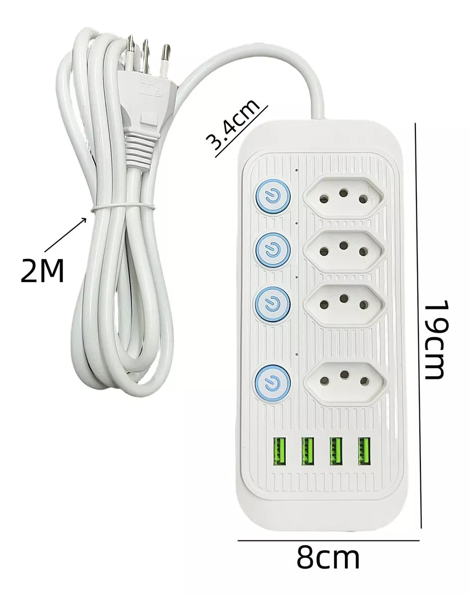 Extensão 4 Tomadas E 4 Usb Led Bivolt Power 110v/220v