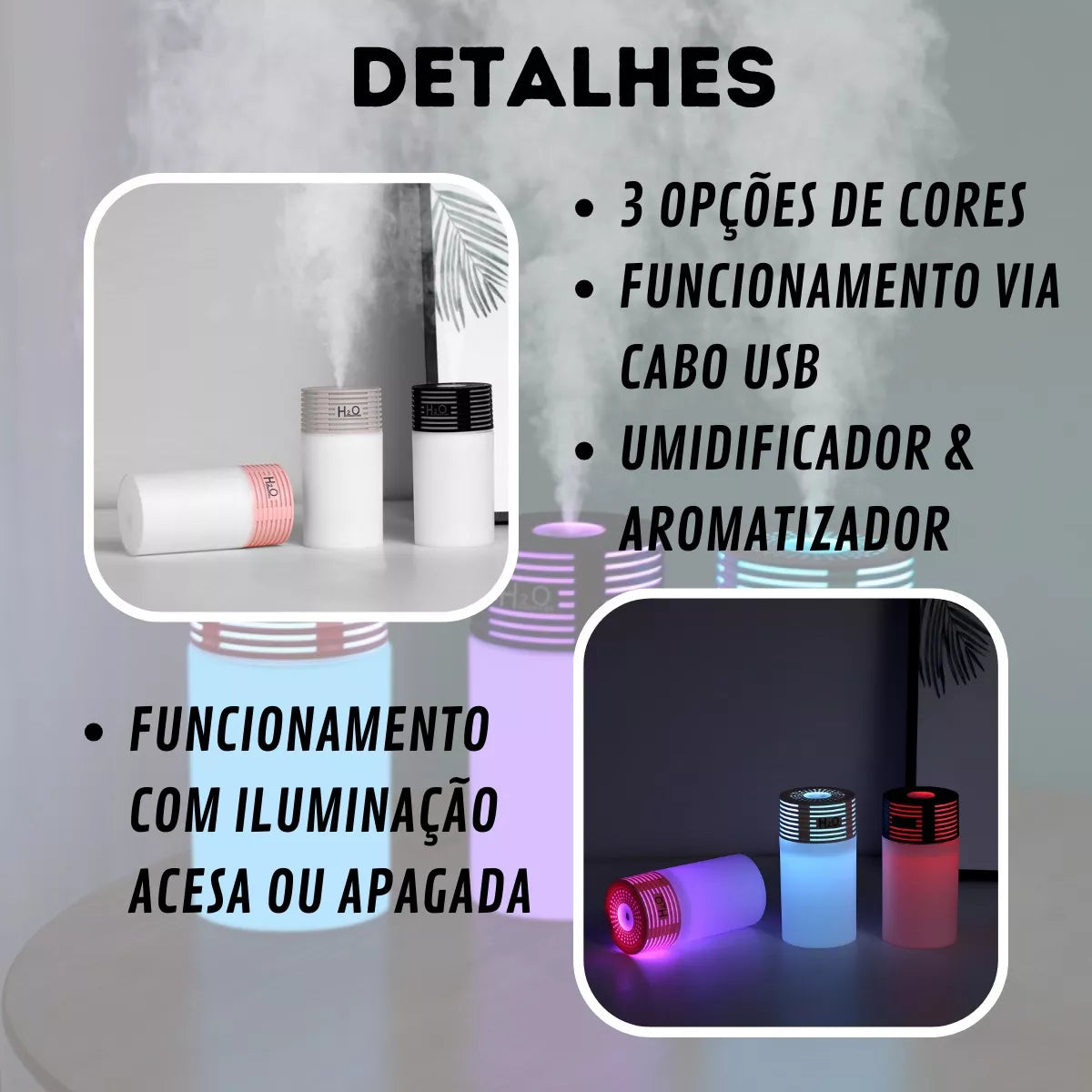 Mini Umidificador de Ar USB 300ml Com 7 Cores de LED BM055 - B-MAX