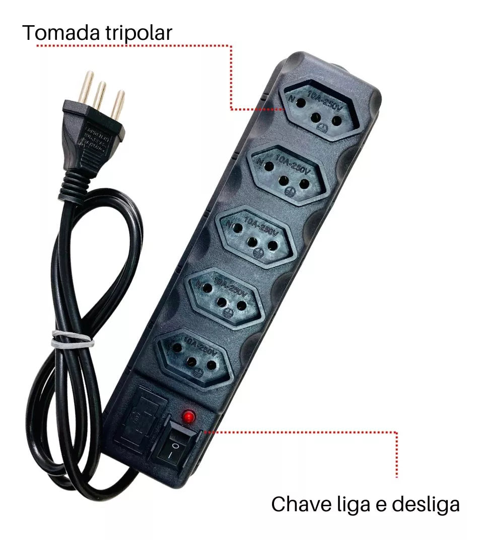 Régua Filtro de linha 5 Tomada Com Proteção Fusível Chave Liga Luz De Led