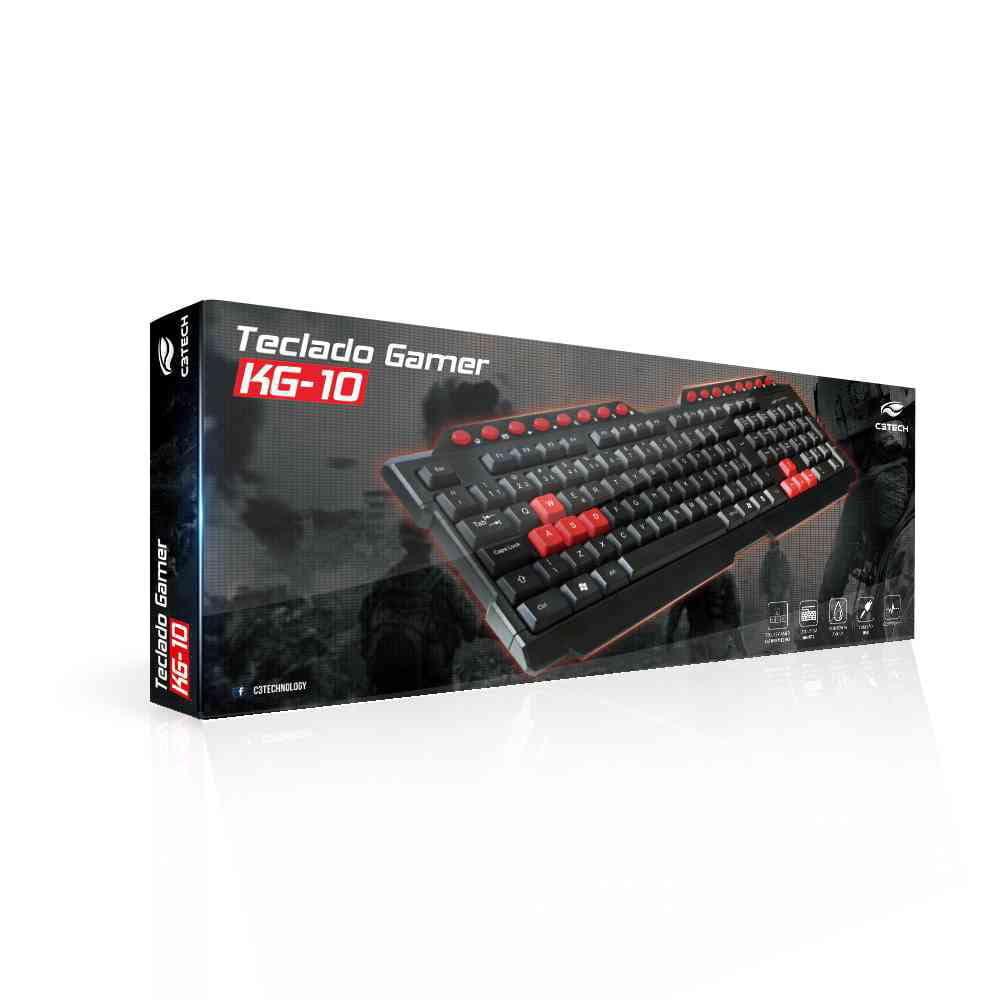Teclado Gamer C3Tech Multimídia USB Preto e Vermelho KG-10BK