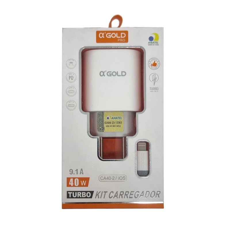 Carregador Turbo Iphone 40W/2 + Cabo Lighting PD 9.1A CA40-2 2 entradas Homologado anatel