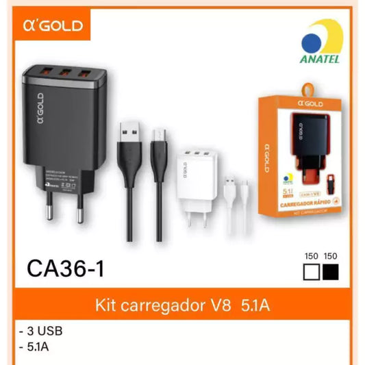 CARREGADOR V8 AGOLD 5.1A RÁPIDO 3 USB CA36-1