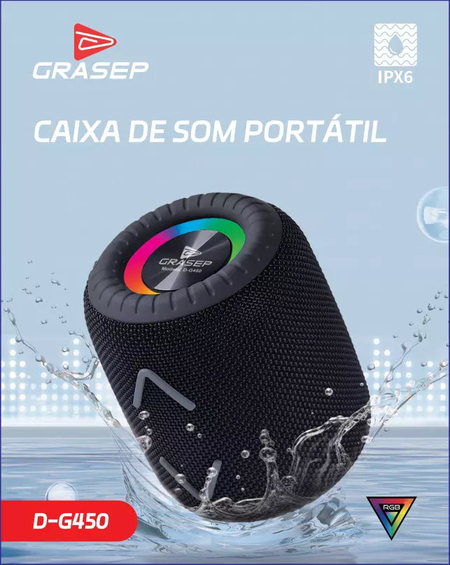 CAIXA DE SOM PORTATIL LED RGB TWS 12W GRASEP DG450