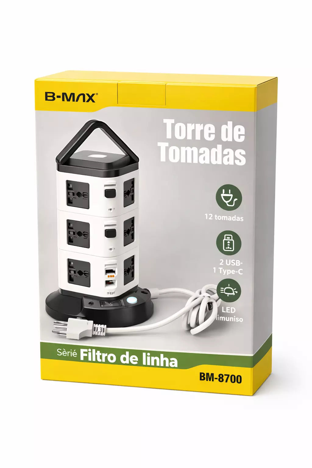 TORRE DE TOMADAS FILTRO LINHA 12 ENTRADAS 3M 2USB 1 TYPE C 2500W BM8700