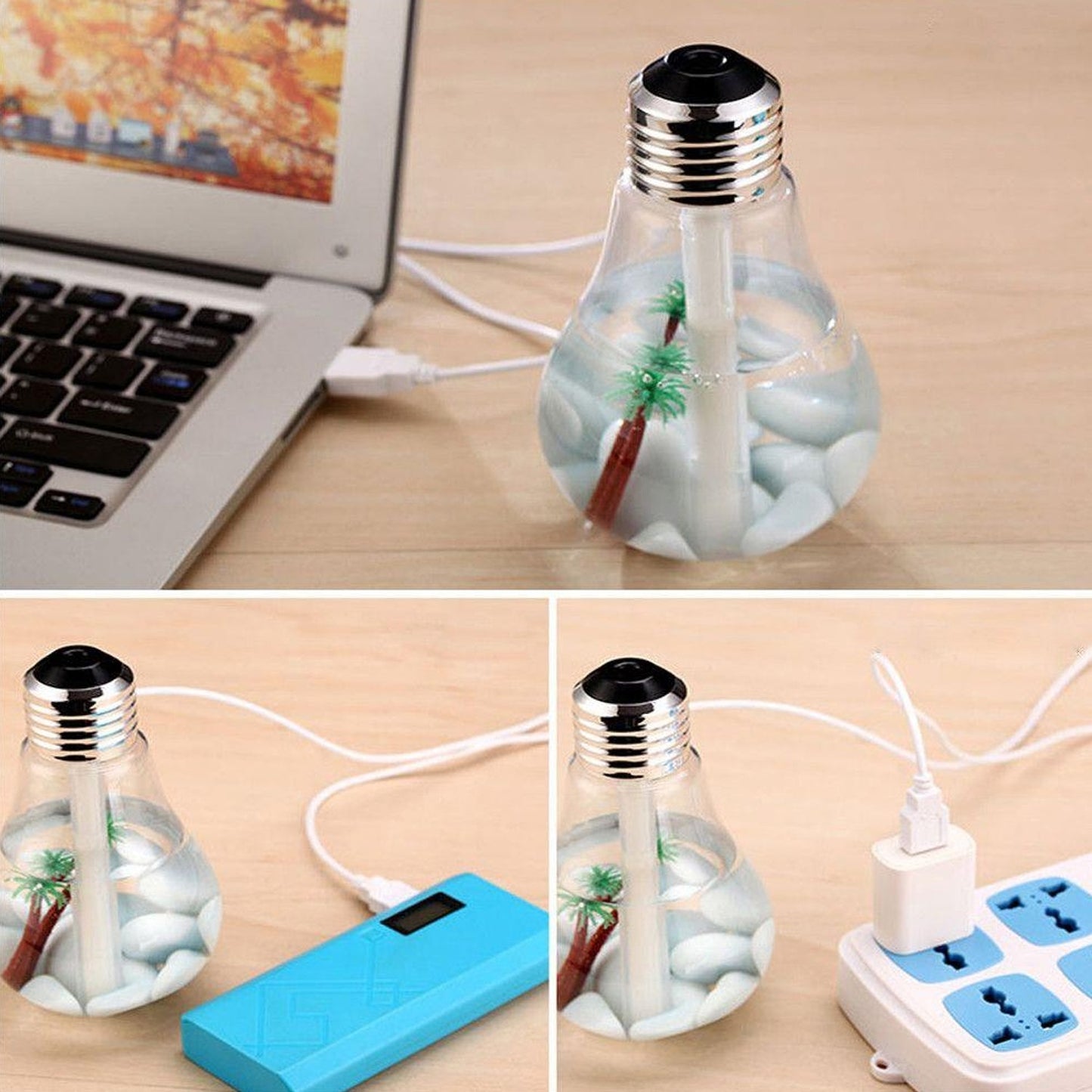 Umidificador Aromatizador de Ambiente com Formato de Lâmpada Topo Prateado com Luz LED e Cabo USB