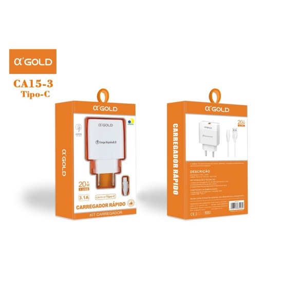 CARREGADOR RAPIDO TIPO C 20W 3.1A 1 USB GOLD CA15 CA15-3 TC