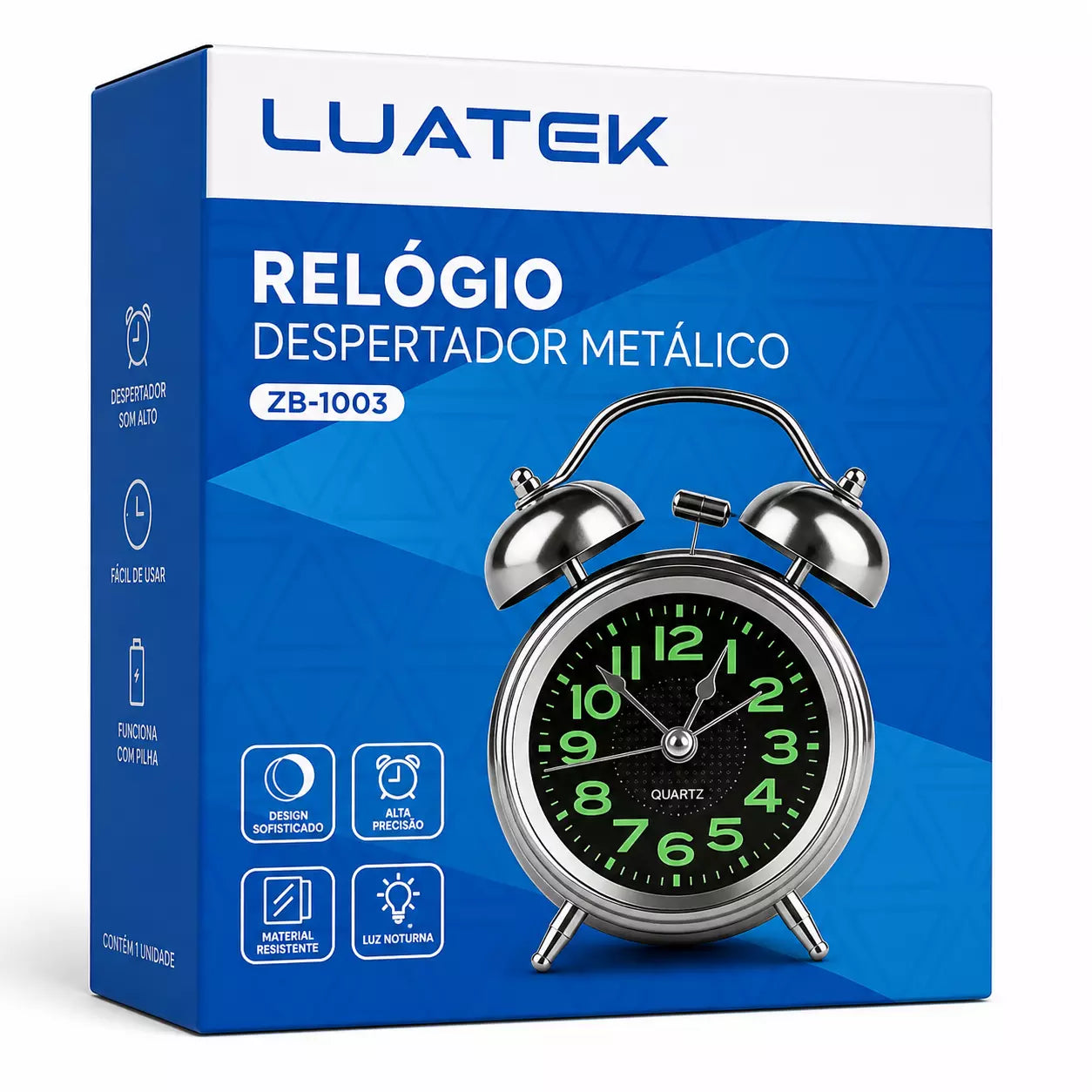 RELOGIO DESPERTADOR METALICO ANALOGICO LUZ NOTURNA LUATEK ZB 1003