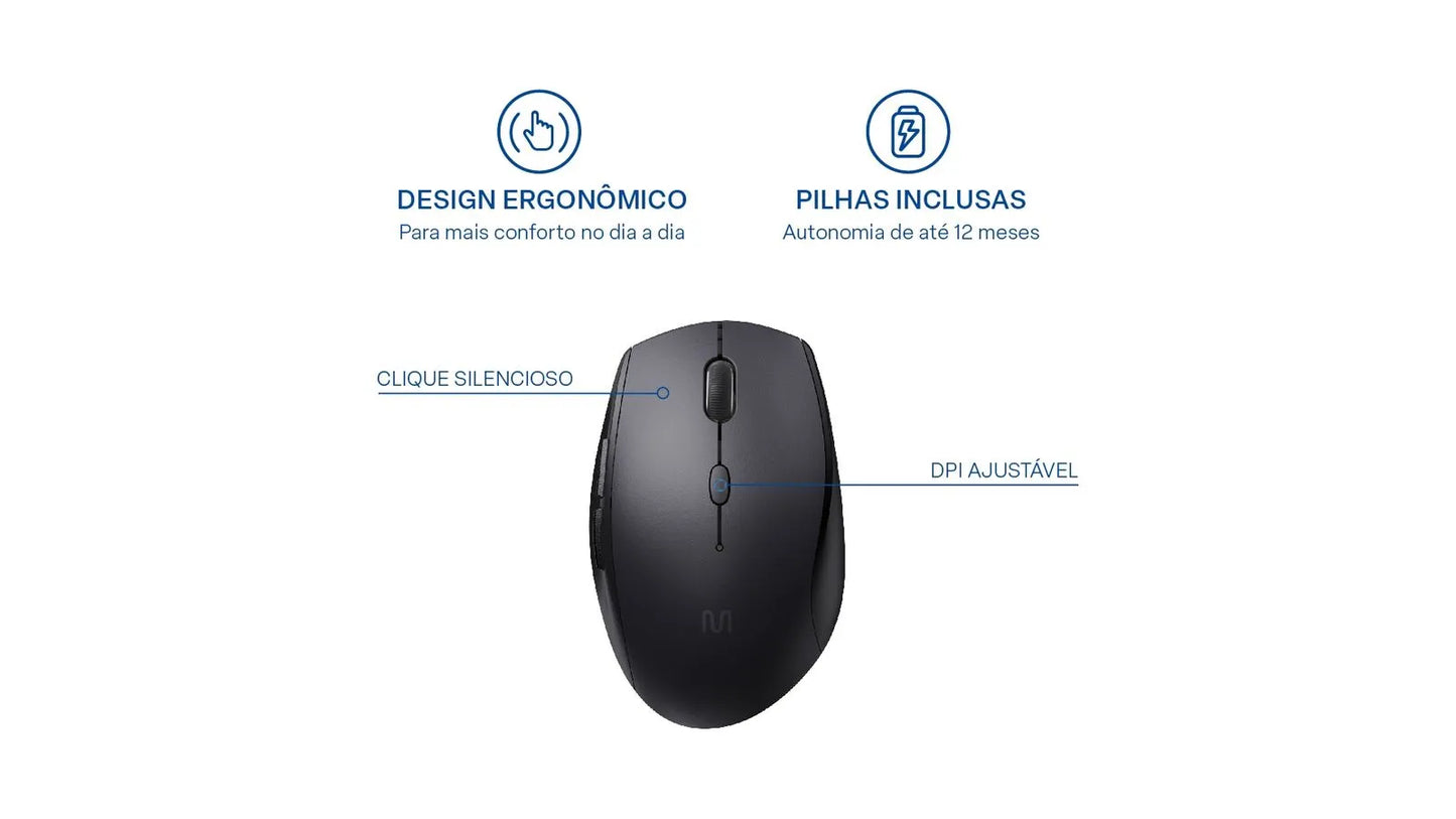 Mouse Sem Fio MS400 DPI Ajustavel 6 Botões e Clique Silencioso Preto Multi - MO381