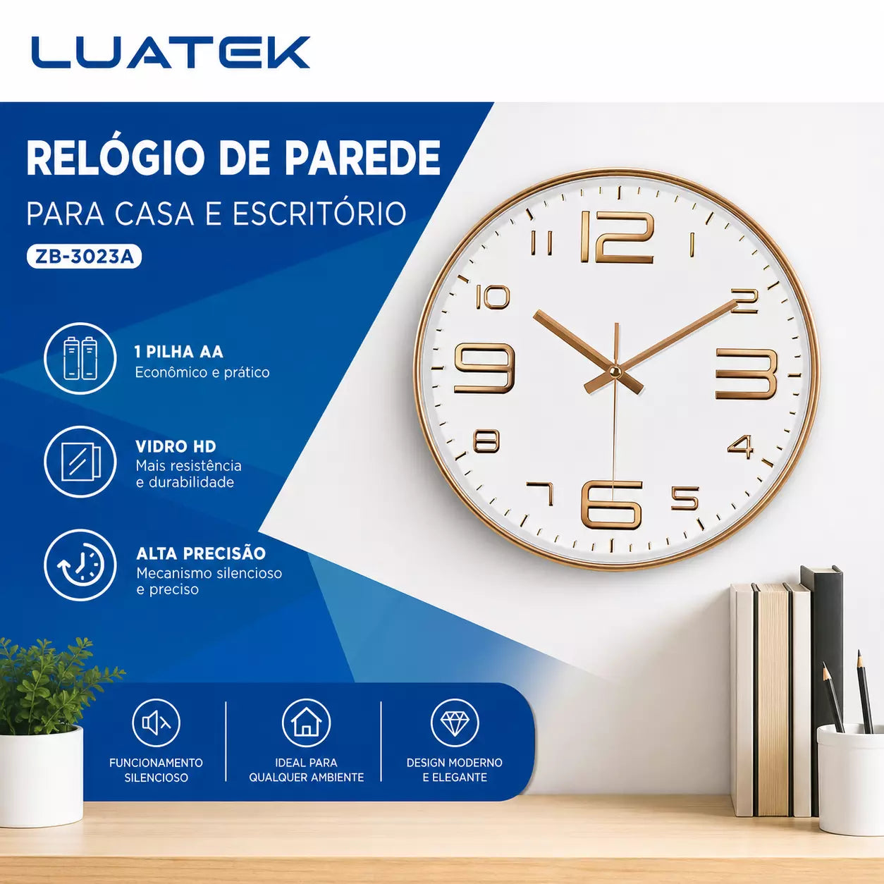 RELOGIO DE PAREDE DESIGN MODERNO ANALOGICO DECORATIVO LUATEK ZB-3023A