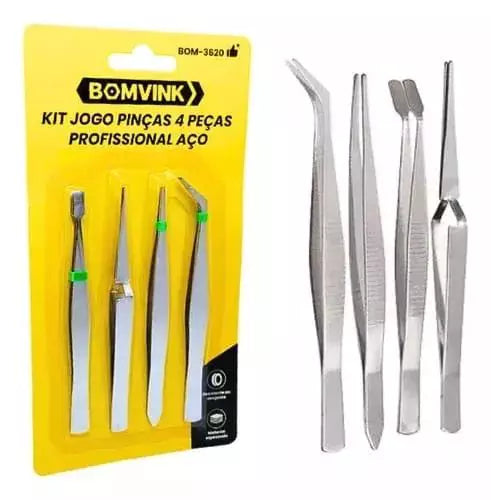 KIT JOGO DE PINÇAS 4 PÇS PROFISSIONAL AÇO BOMVINK BOM3620