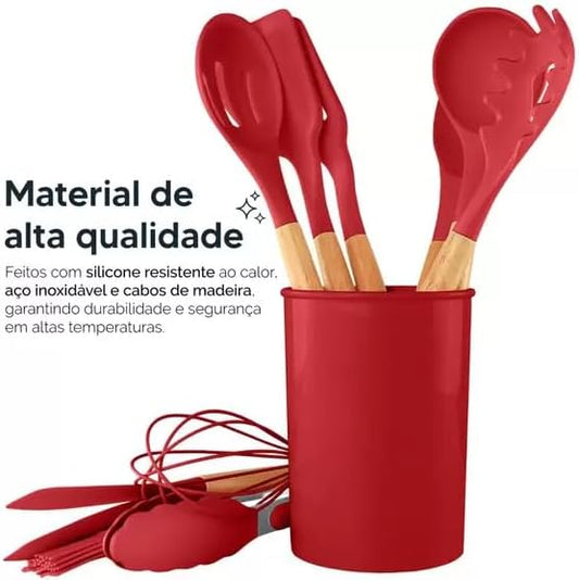 Kit Cozinha Completo 12 Peças Silicone Cabo De Madeira - Vermelho