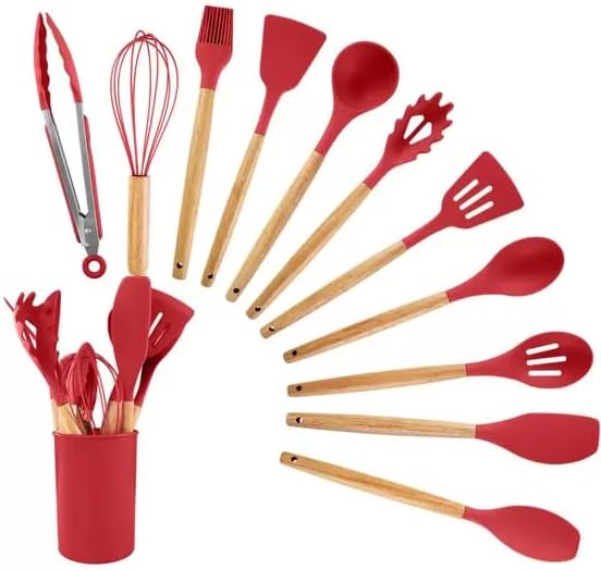 Kit Cozinha Completo 12 Peças Silicone Cabo De Madeira - Vermelho