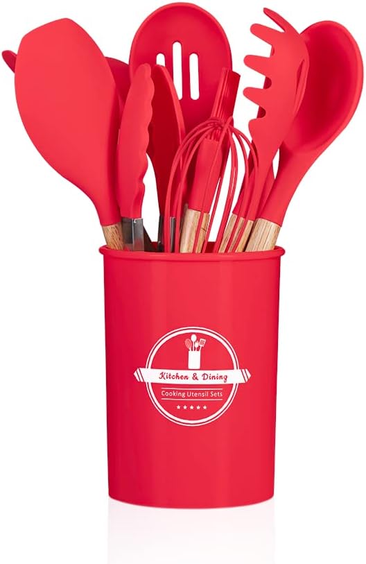 Kit Cozinha Completo 12 Peças Silicone Cabo De Madeira - Vermelho