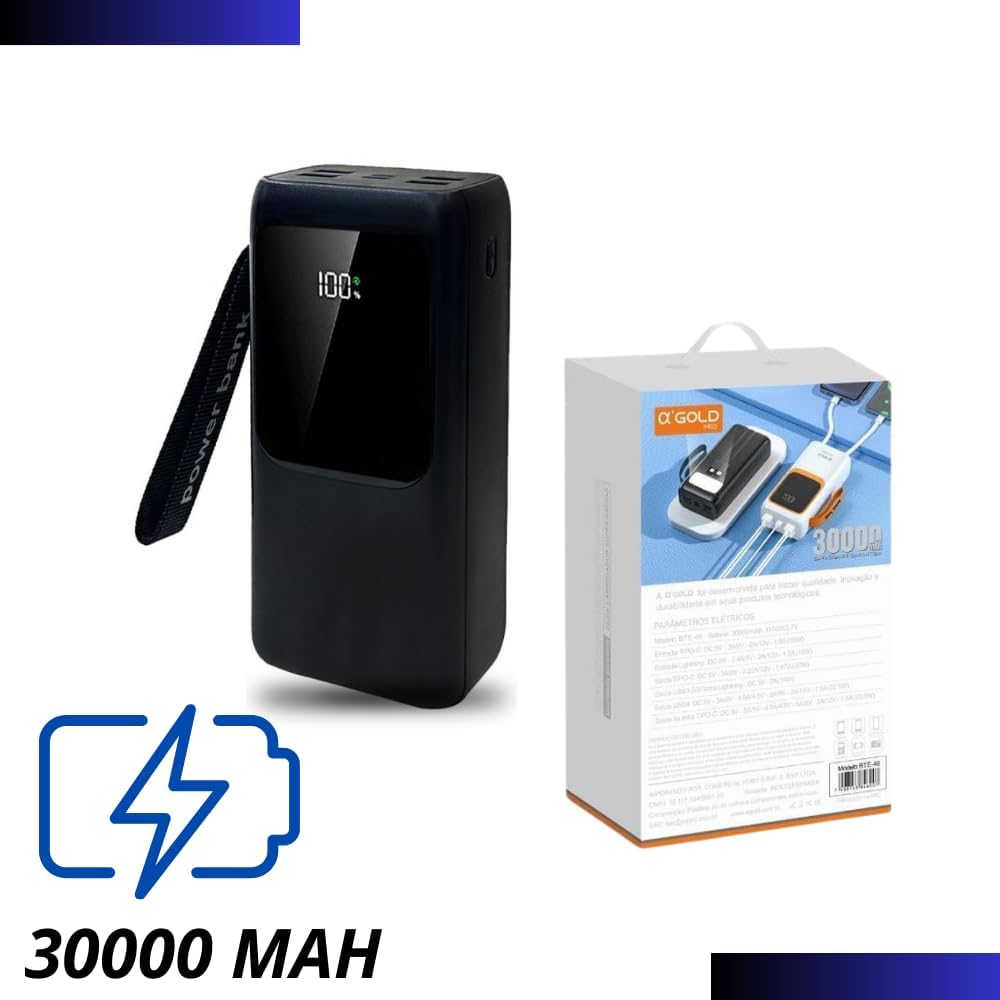 Carregador Portátil Power Bank TURBO 30000mAh com Lanterna Carregamento Rápido Quatro Entradas USB  2 Cabos Inclusos  BTE46