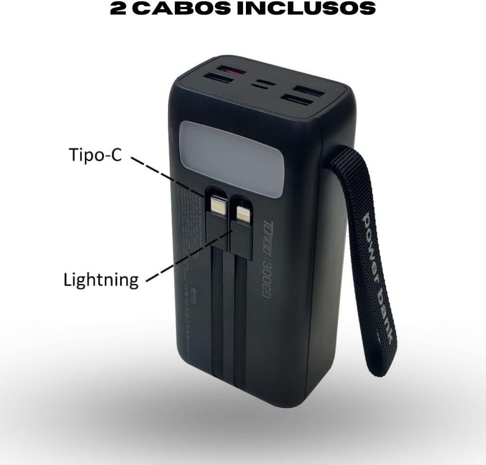 Carregador Portátil Power Bank TURBO 30000mAh com Lanterna Carregamento Rápido Quatro Entradas USB  2 Cabos Inclusos  BTE46