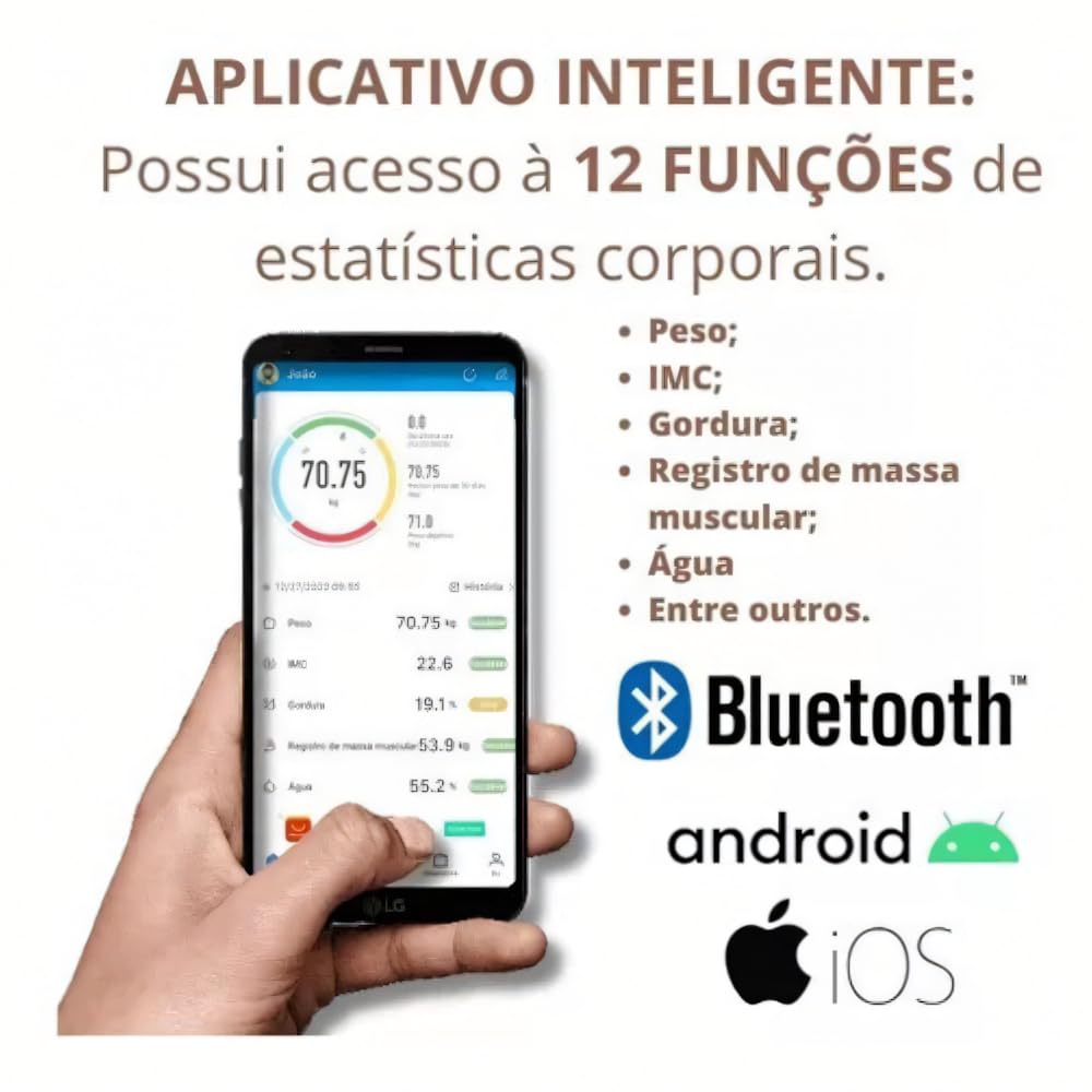 Balança Digital de Bioimpedância com Bluetooth e Aplicativo para Análise Corporal e Medição de Gordura
