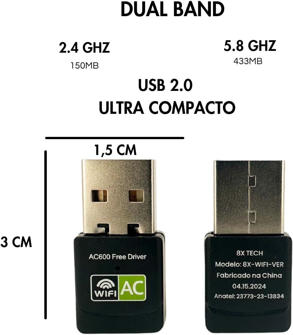 Receptor Wirelless adaptador Wifi Dual Band 2.4Ghz e 5.8Ghz 600mbps com Anatel 8XTECH