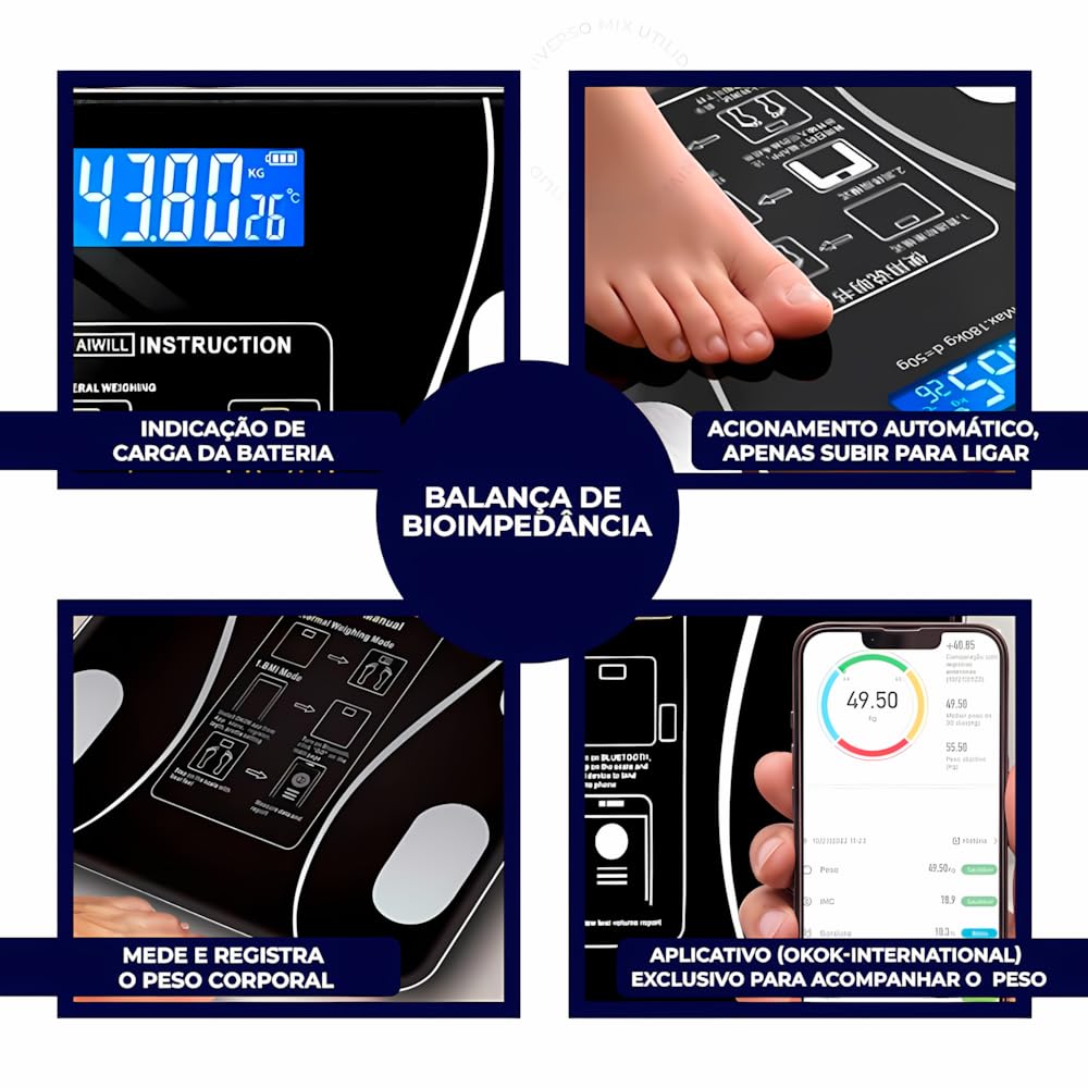 Balança Digital de Bioimpedância com Bluetooth e Aplicativo para Análise Corporal e Medição de Gordura