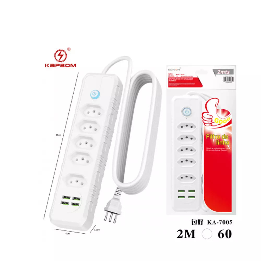 Filtro De Linha 5 Tomadas 4 Usb Régua Bivolt Cabo 2 Metros KA 7005