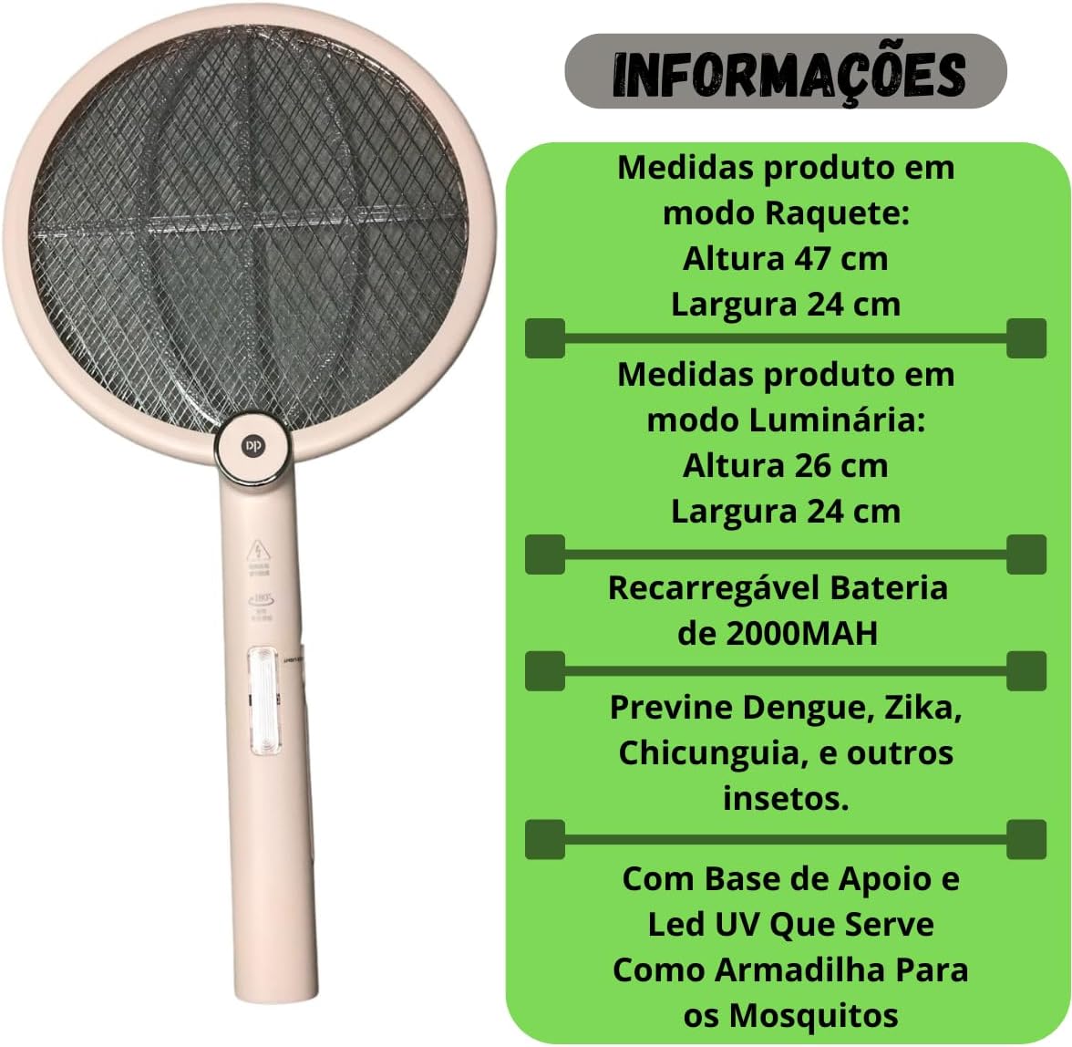 Raquete elétrica 2 em 1 Luminaria Armadilha Repelente Luz Led UV Lampada Choque