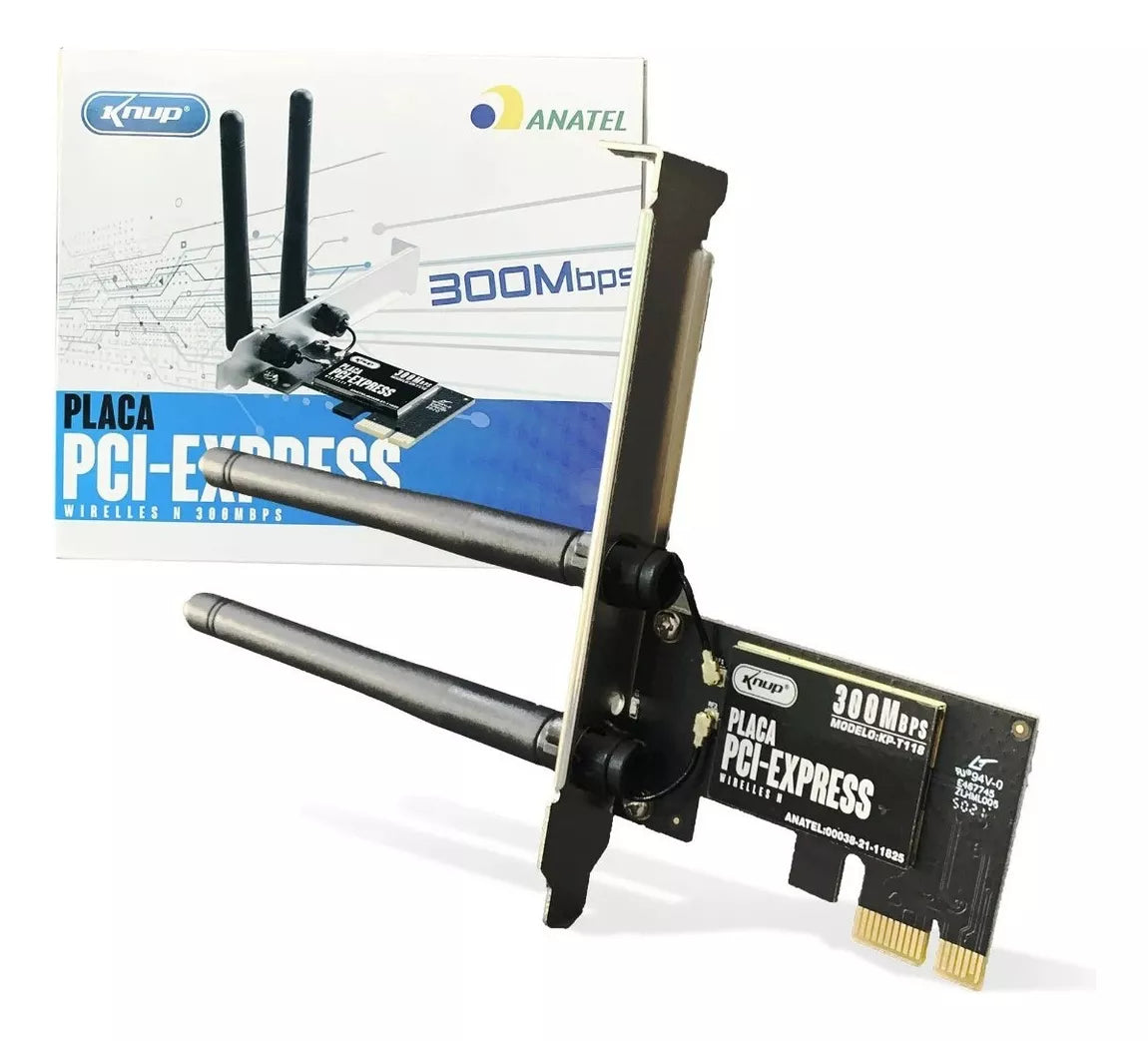 Placa De Rede Wireless Wi-Fi Pci Express Para PC, 300MB/s, 2.4GHz, 2 Antenas Removíveis, Knup - KPT118