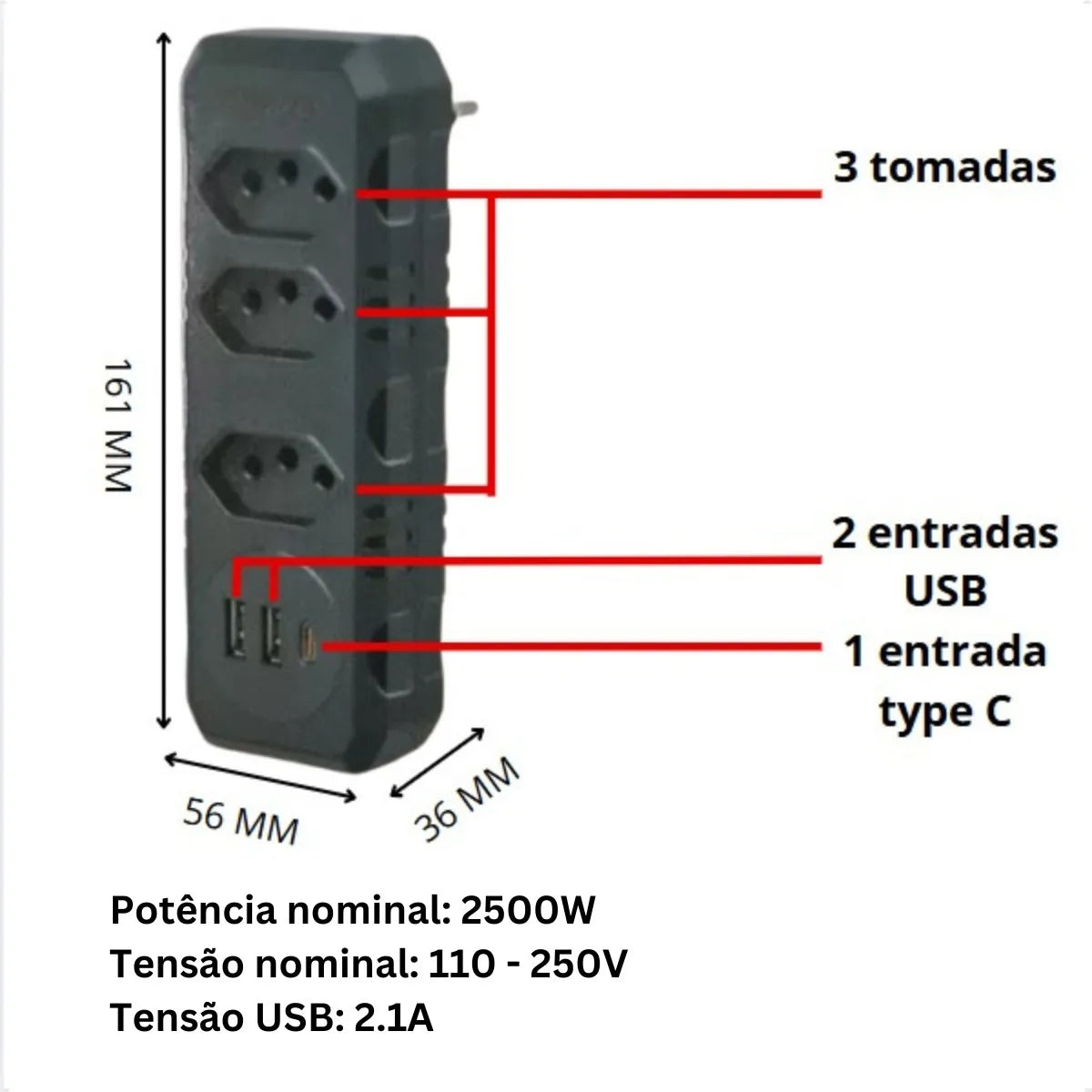 Adaptador Para Tomata 3 Tomadas + 2USB + 1 TIPO-C BMAX 8702B