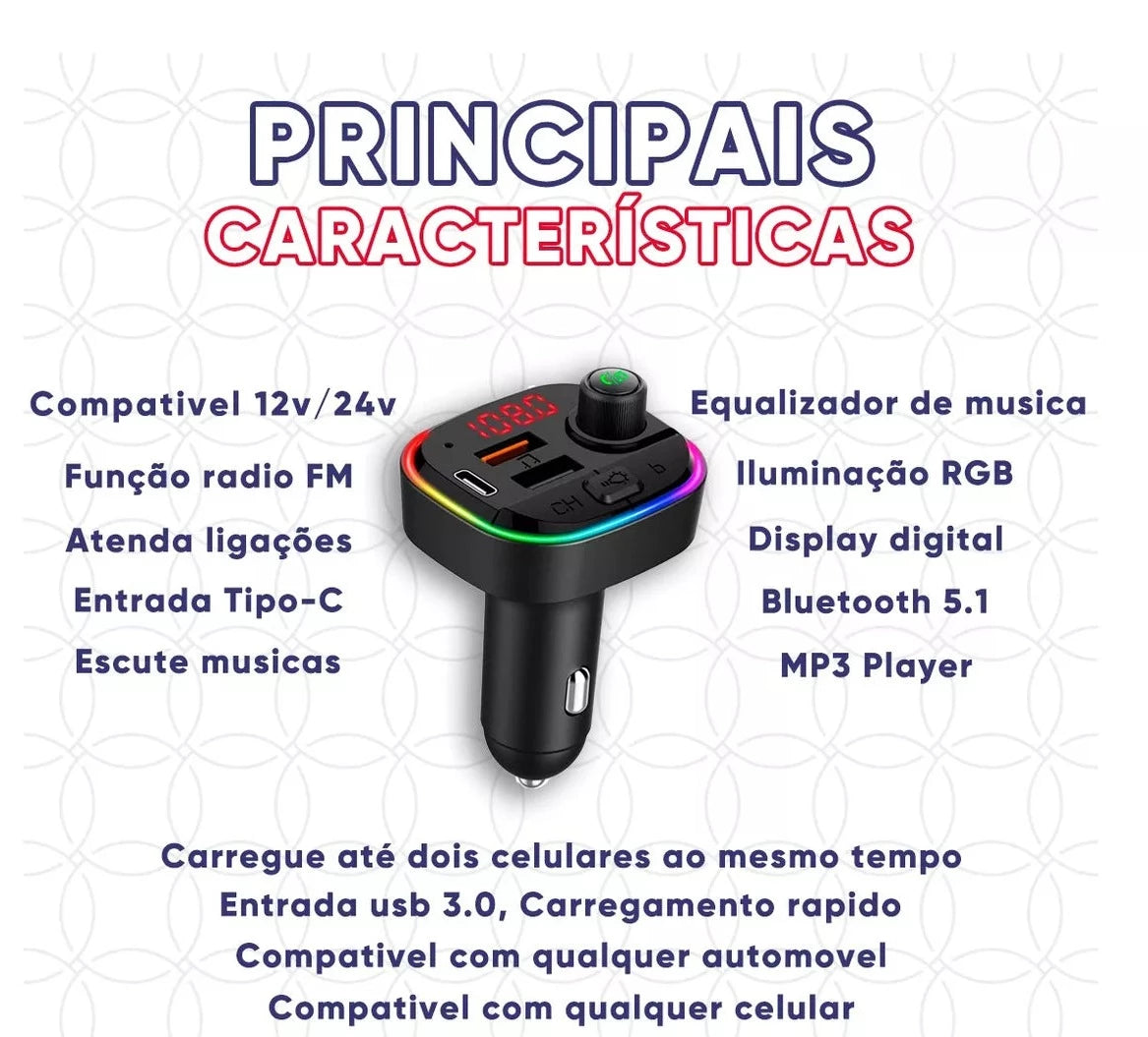 Transmissor Fm Bluetooth 5.1 Carregador Veicular Usb