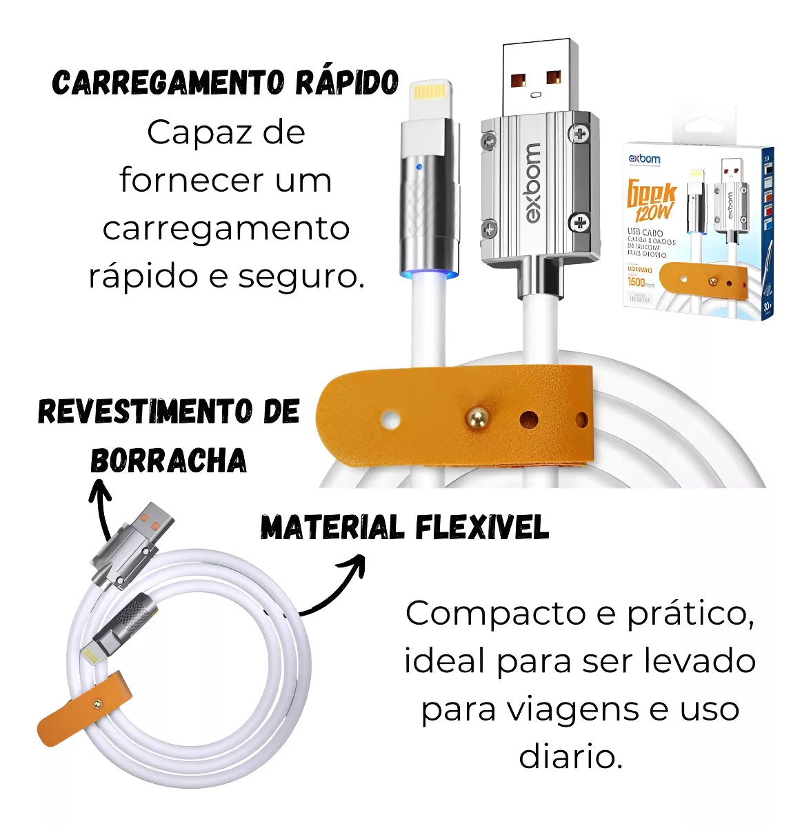 Cabo Carregador Usb Para iPhone 120w Turbo Tipo Lightning