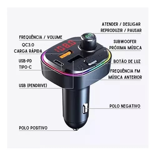 Transmissor Fm Bluetooth 5.1 Carregador Veicular Usb