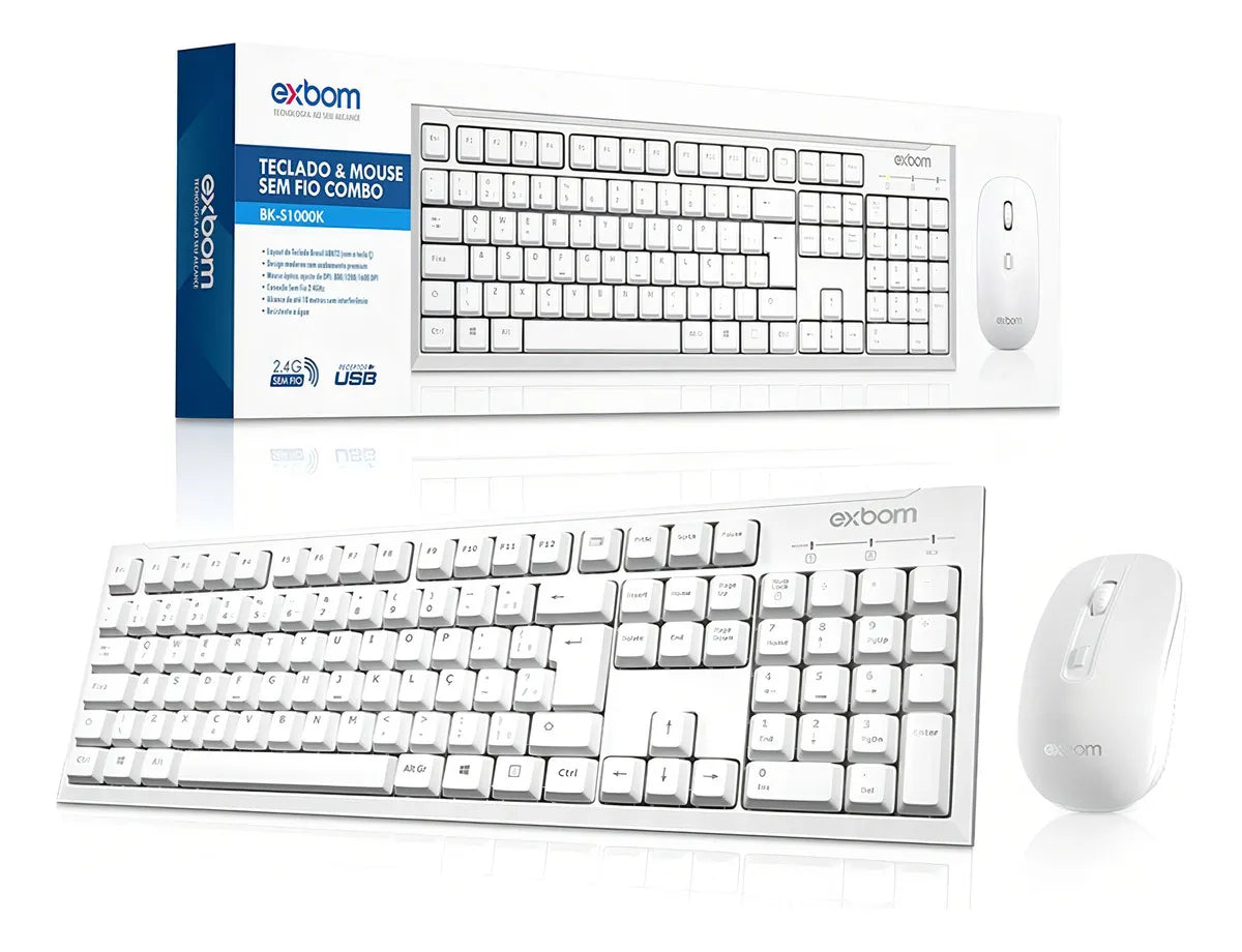 Kit Teclado + Mouse sem Fio Exbom Branco - BK-S1000K