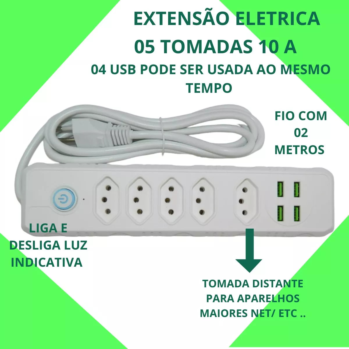 Filtro De Linha 5 Tomadas 4 Usb Régua Bivolt Cabo 2 Metros KA 7005