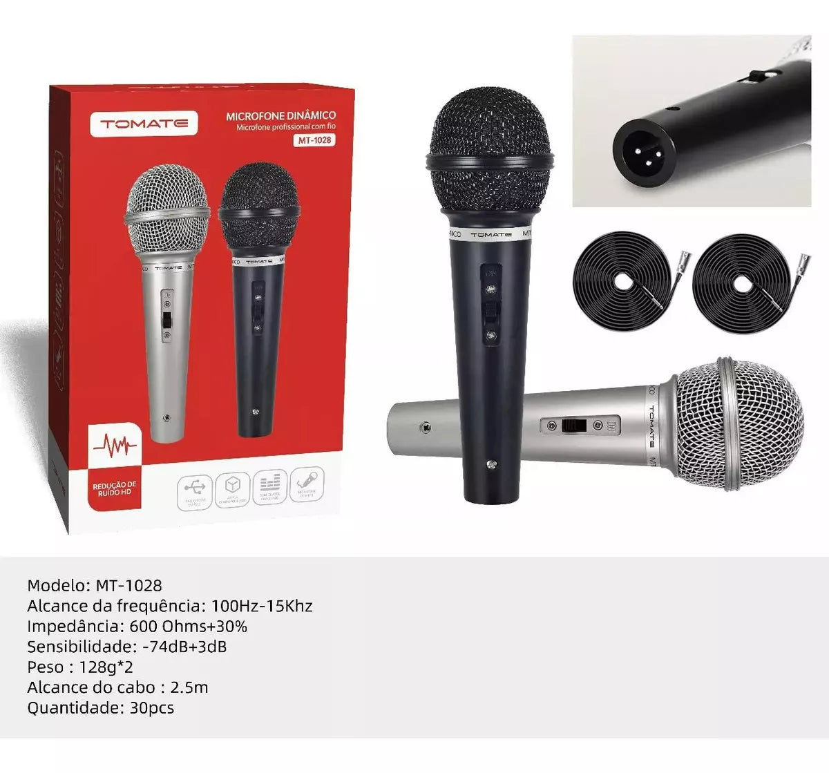 Kit com 2 Microfones Profissional Mt-1028 Dinâmico P10 Cor Preto/cinza
