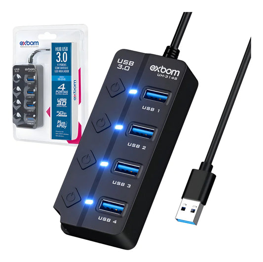 Hub USB 3.0 UH-314S 4 Portas SuperSpeed LED On/Off para PC, Notebook e Macbook