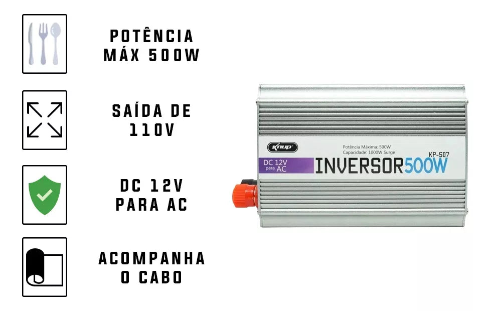 Inversor Veicular de Energia Com Usb 500w De 12v Para 110v Knup KP-507