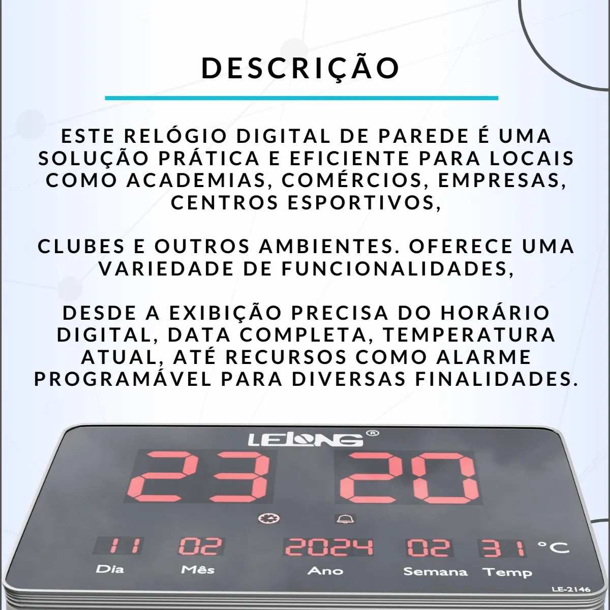 Relógio Parede Digital Led 23x16cm - Lelong Le-2146