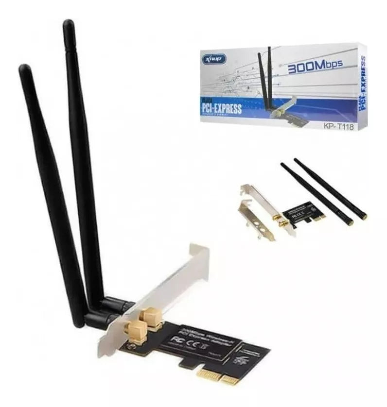 Placa De Rede Wireless Wi-Fi Pci Express Para PC, 300MB/s, 2.4GHz, 2 Antenas Removíveis, Knup - KPT118