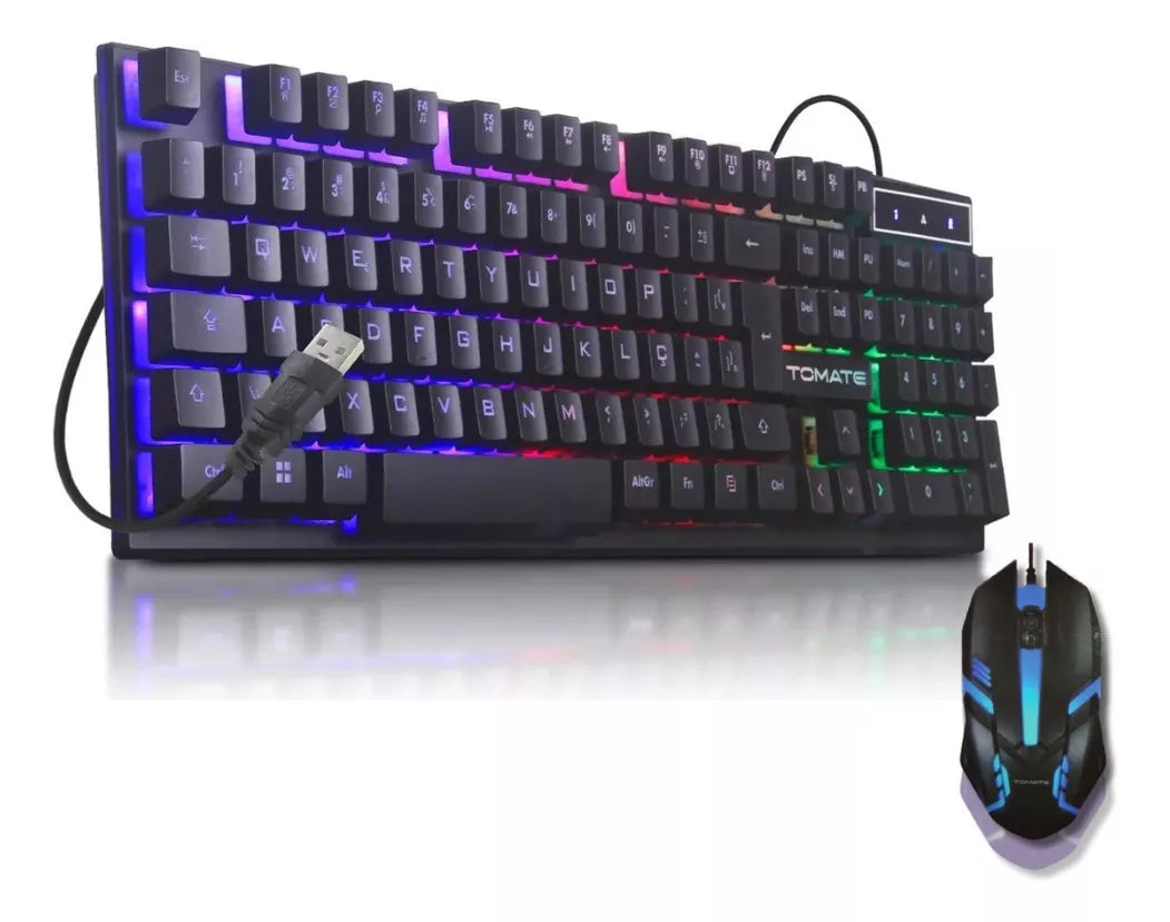 Kit Gamer Teclado Semi Mecanico Gamer Iluminado, Mouse Gamer Com Led USB 3200DPI, 7 Botões MKTG 1713