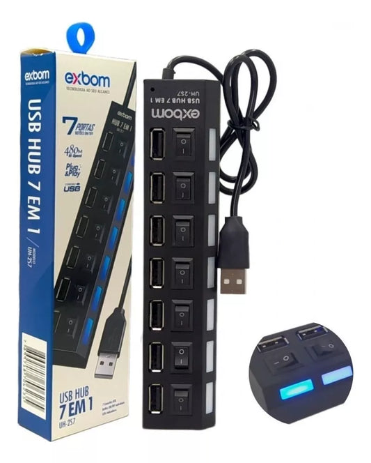Hub 7 Portas Usb 2.0 Exbom Led Extensor Switch Entrada P/ Fonte