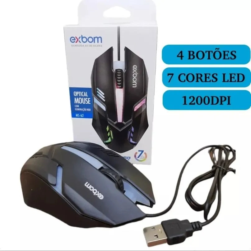 Mouse Exbom Gamer Ms-62 Led 7 Cores Rgb Preto