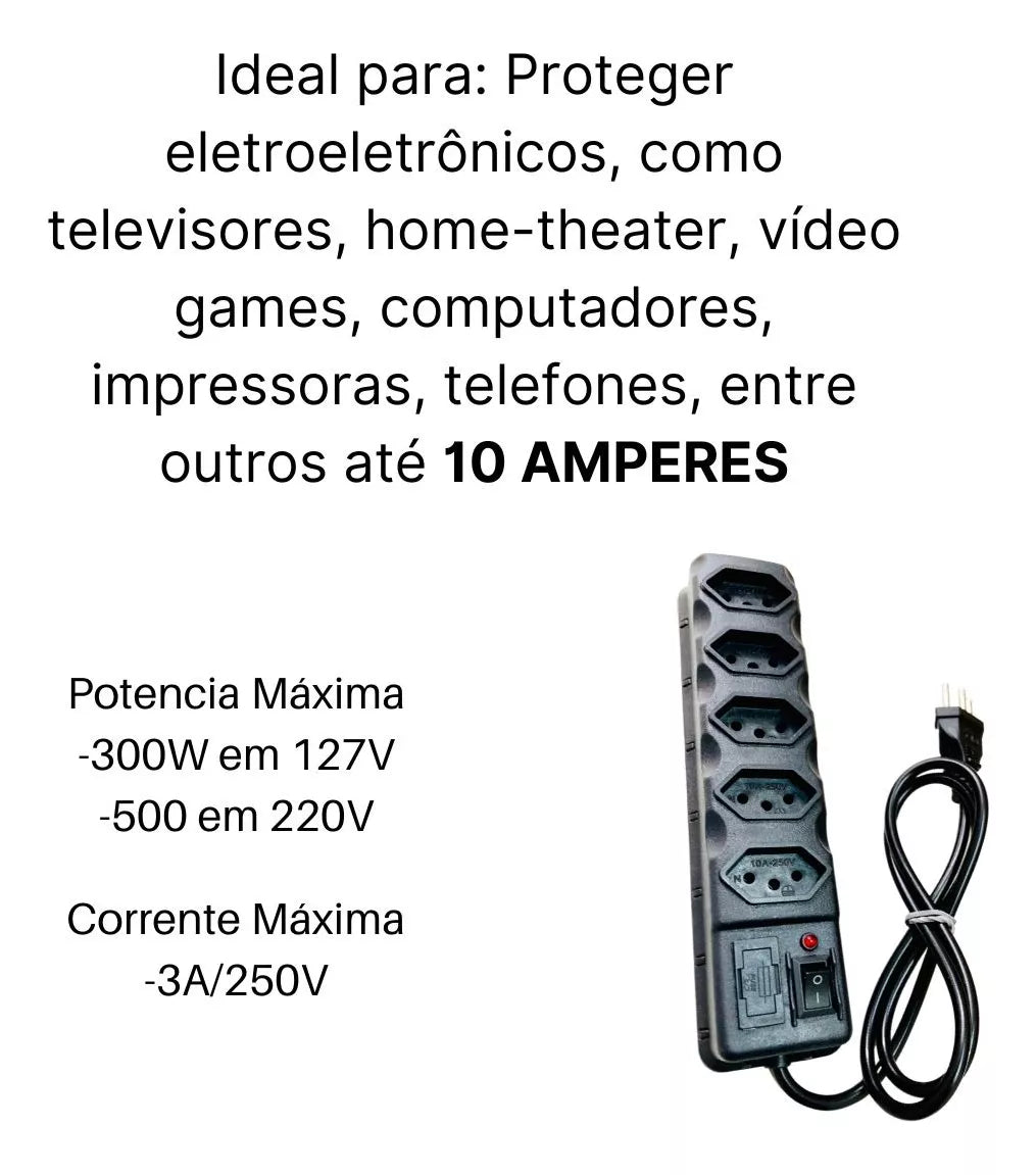 Régua Filtro de linha 5 Tomada Com Proteção Fusível Chave Liga Luz De Led