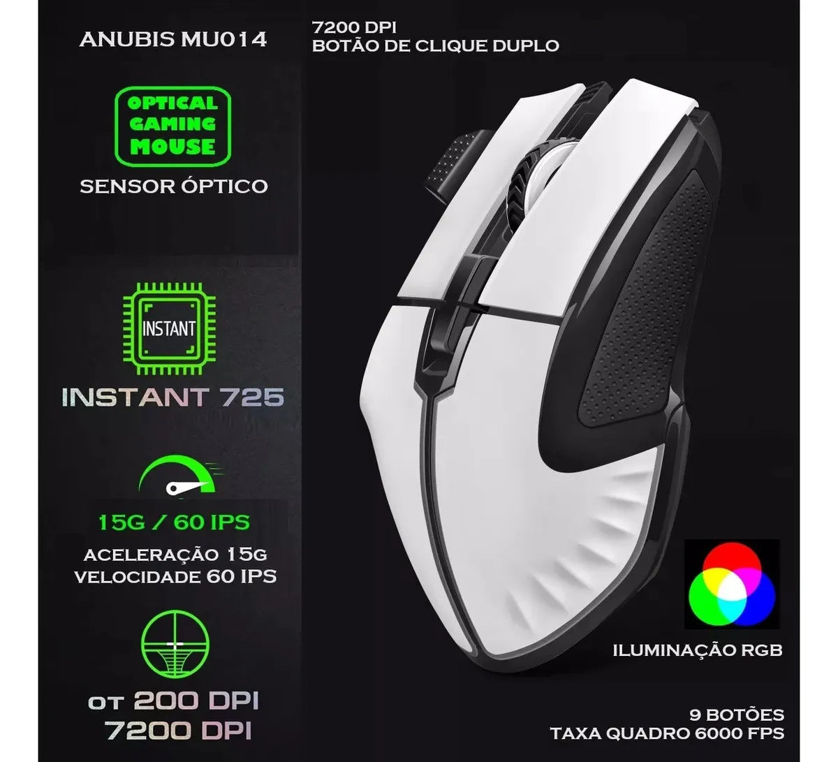 Mouse Gamer Anúbis Usb 7200 DPI e Led RGB - KP- MU 014