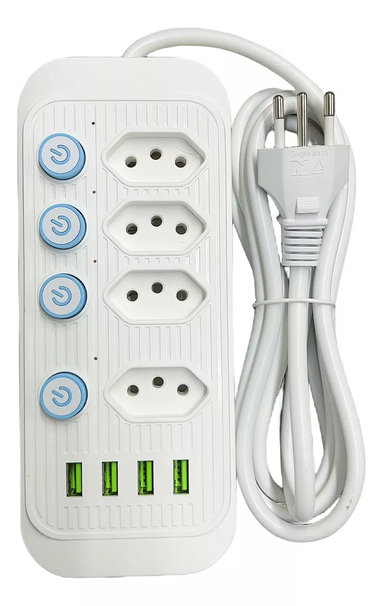 Extensão 4 Tomadas E 4 Usb Led Bivolt Power 110v/220v