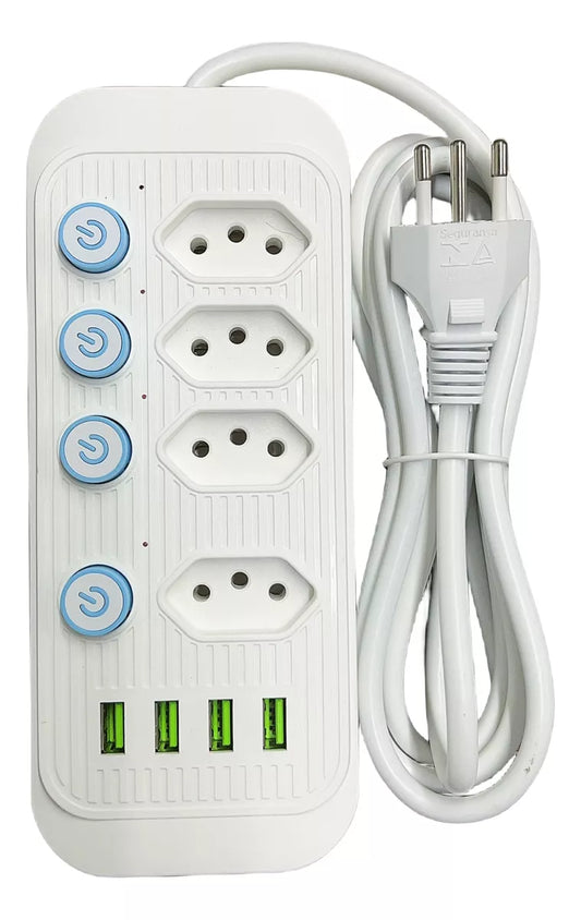 Extensão 4 Tomadas E 4 Usb Led Bivolt Power 110v/220v